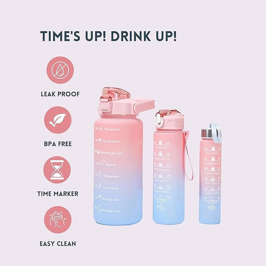 3Pc Motivational Water Bottle Set | Time Marker & Quote BPA-Free Bottles with Straw | Leakproof 1L/2L Hydration Tracker for Gym, Office, Home & Outdoor Use