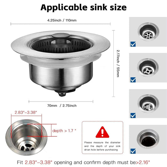 3 in 1 Kitchen Sink Drain Strainer Stopper ? Silicone Sink Filter, Hair Catcher & Plug, Anti-Clog Drain Cover for Kitchen, Bathroom, and Laundry Use
