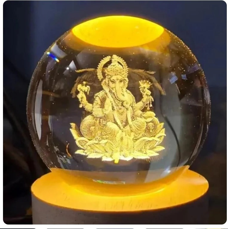 3D Engraved Ganesha Crystal Globe Lamp