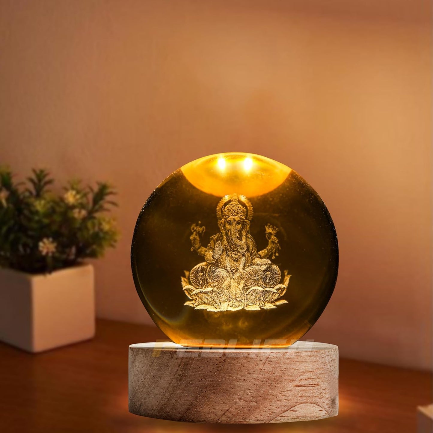 3D Engraved Ganesha Crystal Globe Lamp
