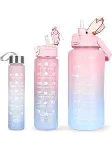 3Pc Motivational Water Bottle Set | Time Marker & Quote BPA-Free Bottles with Straw | Leakproof 1L/2L Hydration Tracker for Gym, Office, Home & Outdoor Use